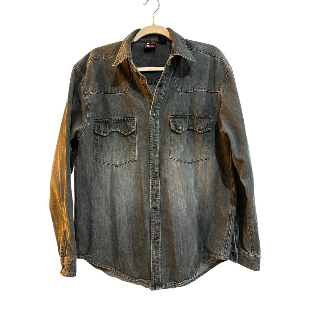 Vtg Bugle Boy Jean Co Black Faded Denim Shirt Mens Med Snap Rivet Shirt Shacket